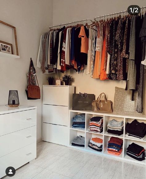 Studio No Closet Ideas, Clothes Organization Small Space No Closet, Open Wall Closet Ideas Bedroom, Minimalist Closet Room, Rooms As Closets, Small Studio Apartment Closet Ideas, Room Ideas Without Closet, Small Bedroom And Closet Combo, Open Closet Small Bedroom