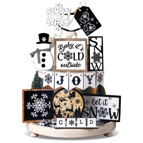 PRICES MAY VARY. What You Will Receive: the package comes with 15 pieces of Christmas tiered tray decors, enough quantity of exquisite Christmas tray decors to meet your decoration needs for Christmas or family gatherings Christmas Theme Design: the farmhouse tiered tray decors are designed with various classic Christmas elements, such as snowflakes and Christmas tree, the whole decorations set is mainly in black color, creating a warm and festival atmosphere Quality Material: the winter tiered Christmas Wooden Tray Ideas, Black And White Farmhouse Christmas Decor, Christmas Serving Tray Decor, Table Decoration For Christmas, Snowflake Christmas Decor, Christmas Tray Decor, Winter Table Decorations, January Decor, Snowflake Table