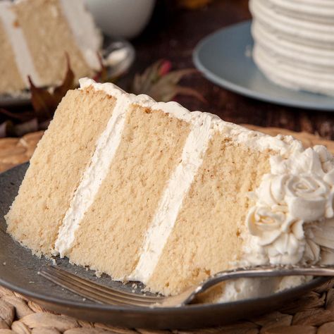 slice of brown butter cake with vanilla bean buttercream on a black plate Brown Butter Cake, Vegan Vanilla Cake, Vanilla Bean Frosting, Vanilla Bean Buttercream, Cake Pan Sizes, Sugar Geek, Vanilla Bean Cakes, Tall Cakes, Cake Frosting