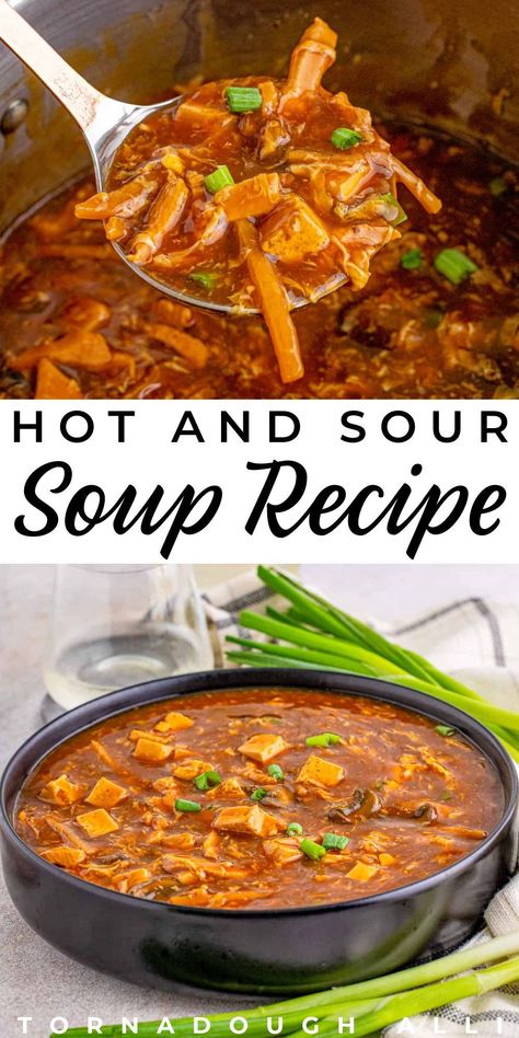 This Hot and Sour Soup Recipe from Tornadough Alli is deliciously savory and flavorful. This is the best P.F. Chang’s copycat soup out there, made with chicken, tofu, mushrooms, and more. No need to head to your local Chinese restaurant anymore when you want all of your favorite takeout dishes. You can make this popular soup at home. P.f. Chang’s Hot And Sour Soup, Hit And Sour Soup Recipe, Pf Changs Hot And Sour Soup, Chicken Hot And Sour Soup Recipe, Chinese Hot And Sour Soup, Hot And Sour Soup Recipe Authentic, Copycat Soup Recipes, Crabby Snacks, Hot N Sour Soup