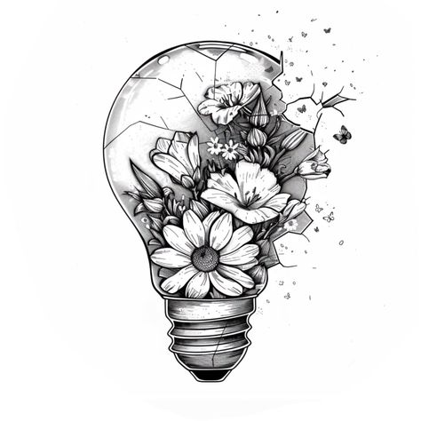 Lightbulb Tattoo Design, Broken Lightbulb With Flowers, Lightbulb Flower Tattoo, Quote With Flowers Tattoo, Fineline Tattoo Ideas, Lightbulb Tattoo, Nature Tattoo Ideas, Lantern Tattoo, Back Piece Tattoo