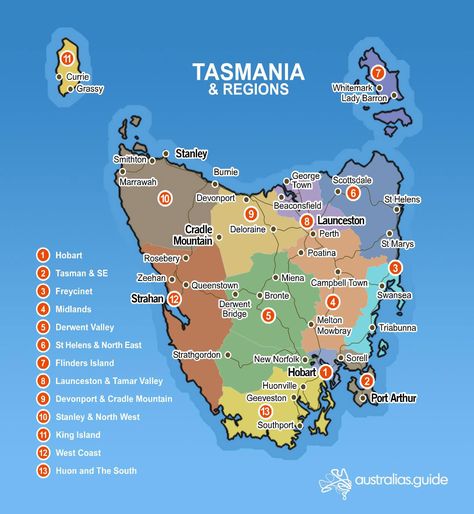 Map of Tasmania | Tasmania - Australia's Guide Australia Tourist Attractions, Scuba Diving Australia, Tasmania Road Trip, Tasmania Hobart, Tasmania Travel, Blue Mountains Australia, Itinerary Ideas, Bruny Island, Port Arthur