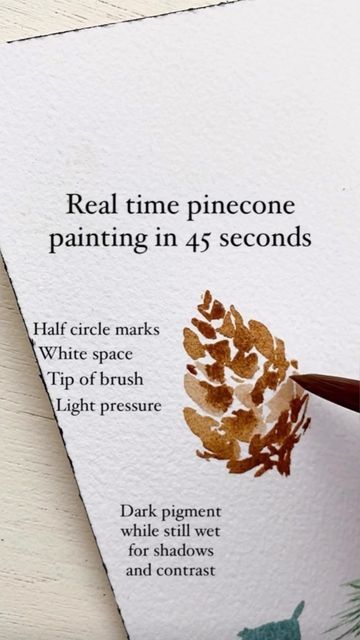 Kristin Van Leuven on Instagram: "Save this one to try the next time you paint! A few simple strokes and you have a pinecone! Pinecones automatically make everything look more festive for this season and I love putting them on everything. You can totally do this one! Key tips: White space is essential to see the sections of the pinecone. Keep your pressure light and quick Small sections that taper at the top, bigger sections that flare out at the bottom Contrast adds so much dimension Pinecone Drawing Simple, How To Draw A Pinecone, How To Paint Pinecones, Water Colour Christmas Cards Ideas, Winter Watercolor Simple, Fall Watercolor Paintings Easy, Christmas Watercolor Paintings Easy, Pine Cone Watercolor, Easy Christmas Watercolor Cards