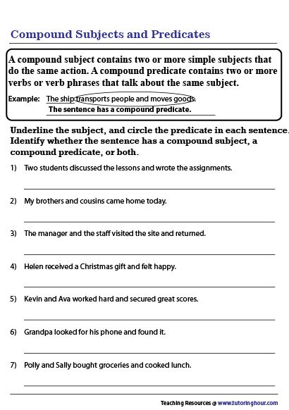 Compound Predicate, Sentence Grammar, Compound Subjects And Predicates, Compound Sentence, Sentence Anchor Chart, Simple And Compound Sentences, Compound Subject, Sentences Worksheet, Easy Grammar