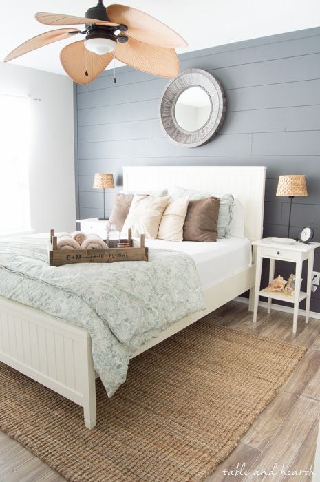 shiplap bedroom statement wall leedy interiors interior design tinton falls new jersey Modern Coastal Bedroom Ideas, Shiplap Bedroom, Modern Coastal Bedroom, Beautiful Bedrooms Master, Shiplap Accent Wall, Bedroom Trends, Casa Country, Bedroom Accent, Casa Vintage