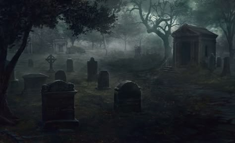 "Cemetery" by Julia Petrova Haunted Cemetery, Morpheus Sandman, Vampire House, Haunted Graveyard, Eerie Places, Old Cemeteries, Cemetery Art, Dnd Art, Fantasy Places