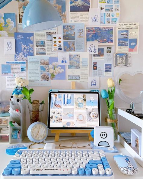 Grateful For Everything, Pocket Printer, Study Desk Decor, Blue Desk, Desk Layout, 20k Followers, Study Room Decor, Cute Desk, Study Space