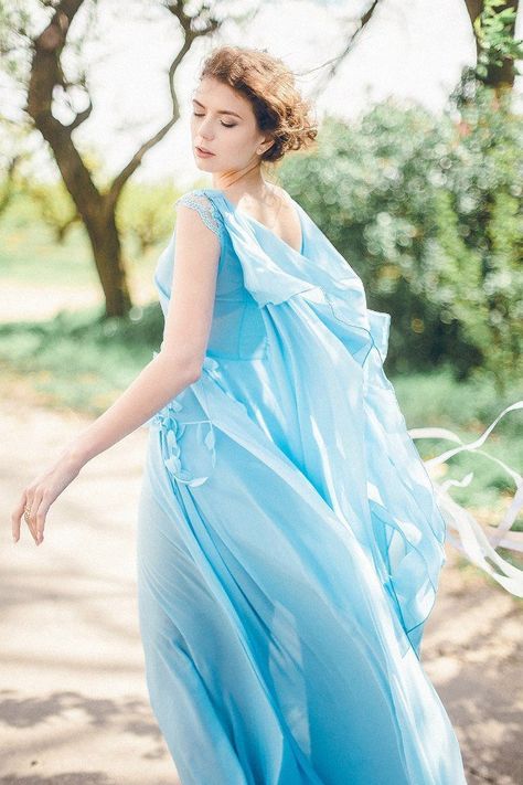 Romantic wedding dresses for the bride who wants subtle color (on Etsy!) Elemental Fashion, Dress With A Cape, Colorful Wedding Dress, Blue Flowy Dress, Pretty Homecoming Dresses, Ethereal Style, Flowy Gown, Romantic Wedding Dresses, Unique Wedding Gowns