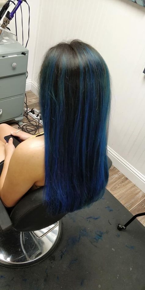 Blue Hair Strikes, Blue Stripes In Hair, Blue Hair With Highlights Blonde, Moonlight Blue Hair, Electric Blue Highlights In Black Hair, Black Blue Highlights Hair, Blue Hilights Hair, Black Hair Blue Skunk Stripe, Black Hair With Blue Highlights Long