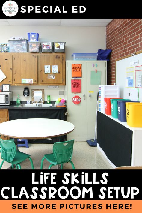 Functional Skills Classroom, Life Skills Room Setup, Elementary School Life Skills, Vocational Classroom Setup, Elementary Life Skills Classroom Setup, Life Skills Stations, Life Skills Middle School, Special Education Classroom Setup High School, High School Special Education Classroom Decorations