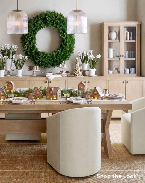 Shop the Look Two Pendants Over Dining Table, Pottery Barn Dining Room Ideas, Traditional Modern Dining Room, Pottery Barn Dining Room, Pottery Barn Dining, No Closet Solutions, Modern Farmhouse Dining, Gingerbread Village, Kitchen Lights