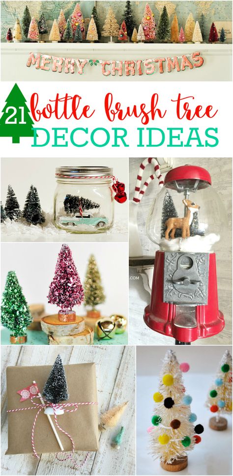 21 bottle brush tree ideas! SO CUTE!! Lots of fun and easy ways to incorporate all those little trees into your Christmas decor! Bottle Brush Tree Decor, Brush Tree Decor, Buffalo Check Christmas Decor, Tree Decor Ideas, Bottle Brush Christmas Trees, Goose Creek, Bottle Brush Tree, Brush Trees, Brush Tree