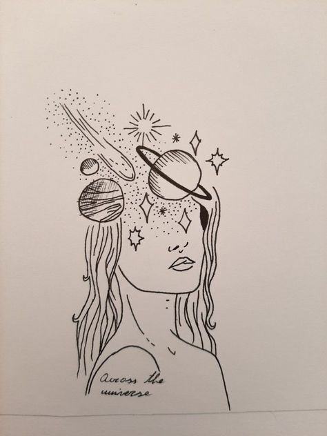 Head With Planets Drawing, Planet Head Tattoo, Energy Universe Tattoo, Universe Mind Tattoo, Cloud Lady Tattoo, Head Space Tattoo, I Am The Universe Tattoo, One With The Universe Tattoo, Heads In The Clouds Tattoo