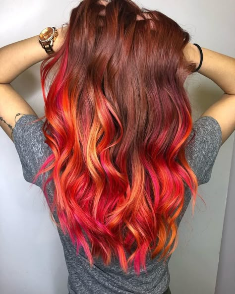 Fire Peekaboo Hair, Red Sunset Hair, Sunset Hair Color Ombre Fire, Red Hair With Orange Underneath, Red Hair With Pops Of Color, Multi Red Hair Color Combos, Natural Red Hair With Vivid Colors, Flame Hair Color, Short Hair Colour