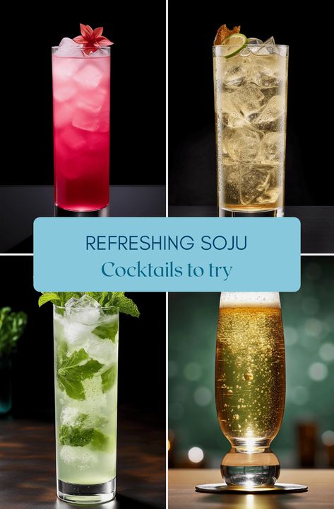 Dive into a world of flavorful soju cocktails with recipes like Saenggang Soju, Korean Mojito, and Subak Soju, offering a refreshing twist for your taste buds. Ideal for those warm summer afternoons, these drinks promise a delightful and distinctive sipping experience. Japanese Alcohol Drinks, Soju Drinks Recipes, Soju Mixed Drinks, Yakult Soju, Soju Cocktail Recipes, Soju Cocktails, Soju Recipes, Soju Drinks, Soju Cocktail