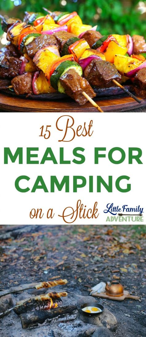 15 Camping Meal Recipes that are perfect to cook over the campfire or on the grill. Breakfast, lunch, and dinner food that is cooked on a stick or skewer. - Its fun cooking for the outdoors. Meals For Camping, Food On A Stick, Campfire Dinners, Camping Meal Planning, Camping Meal, Backyard Grill, Best Camping Meals, Best Meals, Camping Dinners