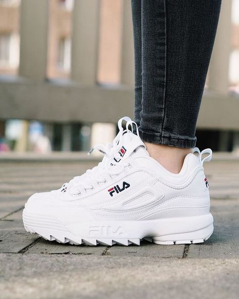 #women's #Lady’s #shoes #FILA #sneakers #casuals  #sport #White #favorite #design #chic White Chunky Sneakers, Fila Disruptor, Trendy Womens Shoes, Tennis Shoes Outfit, Sneaker Outfits, Basket Style, Sneakers Fashion Outfits, Fila Shoes, Red Sneakers