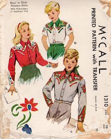 Unsung Sewing Patterns: McCall 1310 - Boys' or Girls Western Shirts Girls Western Shirts, Western Embroidery, Girl Western, Shirt Sewing Pattern, Sewing Patterns Girls, Embroidery Transfers, Cowboys Shirt, Mccalls Sewing Patterns, Couture Vintage