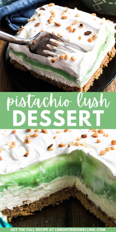 Pistachio Lush Dessert is one of our family's favorites! Layers of cheesecake, whipped topping, and pistachio pudding are combined with a delicious graham cracker crust for a creamy, decadent dessert that everyone LOVES! Pistachio Lush Dessert, Pistachio Lush, Cheesecake Whipped Cream, Pistachio Pudding Dessert, Pudding Desert, Oreo Trifle, Pistachio Dessert Pudding, Buttercream Recipes, Dessert Crepes