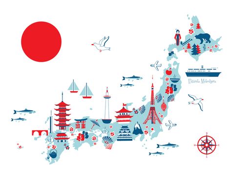 Cartoon travel map of Japan by Elizaveta Melentyeva on Dribbble Thematic Map, Bullet Journal Japan, Photo Japon, Creative Maps, Bali Map, Japanese Tapestry, Map Of Japan, Map Of World, Background Presentation