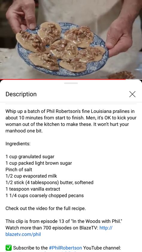 Phil Robertson Praline Recipe, Pecan Recipes Easy, Ranch Recipes, Candied Pecans Recipe, Praline Recipe, Phil Robertson, Ranch Recipe, Recipes Chocolate, Candy Recipes Homemade