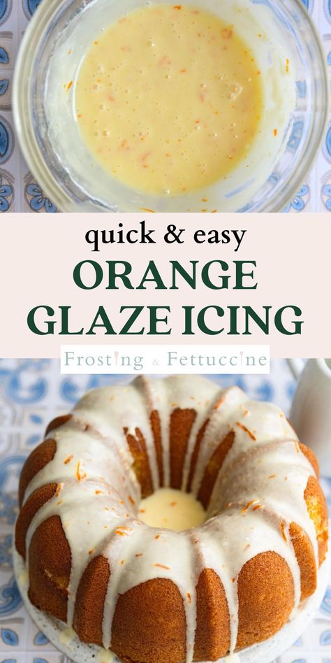 Orange icing is the perfect glaze to top bundt cakes or dip donuts into! This orange glaze recipe is made with fresh orange juice and orange zest for a bright and zesty flavor. It can be made in one bowl in just 2 minutes! Orange Glaze Icing, Orange Cake Icing, Orange Glaze Cake, Homemade Cake Frosting, Glazed Icing Recipe, Bundt Cake Glaze, Frosting For Cupcakes, Cake Glaze, Orange Juice Cake