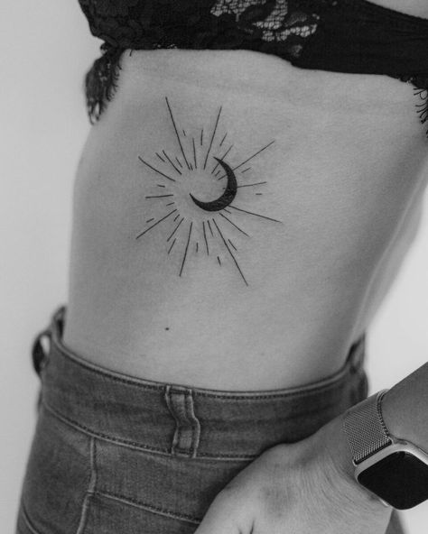 Sun And Moon Tattoos, Partner Tattoos, Moon Sun Tattoo, Rib Tattoos For Women, Sun And Moon Tattoo, Universe Tattoo, Moon Tattoos, Single Needle Tattoo, Night Owls