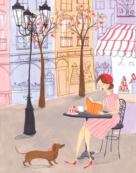 Arte Dachshund, Emma Block, Springtime In Paris, Paris Illustration, Paris Art Print, Cake Illustration, Dachshund Art, 강아지 그림, Hur Man Målar