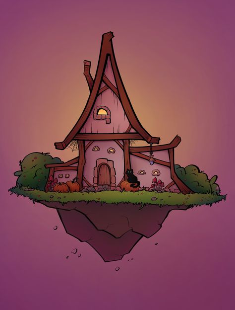 ArtStation - The process of drawing a witch's house in different atmospheres - evening, night, day, magic., Miliukova Mariya Magic House Illustration, Witches Room Drawing, Witch House Drawing, Witch House Illustration, Witch House Concept Art, Floating House Design, Witch House Interior Illustration, Wizard Drawings, House Doodle