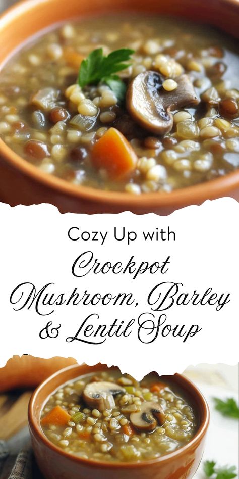 Warm up this fall and winter with a hearty crockpot mushroom, barley, and lentil soup. This slow cooker recipe is perfect for cold days, offering a delicious blend of flavors and nutrients. Save this pin for later and click to discover the full recipe and step-by-step instructions. Cozy up with a bowl of this comforting soup that’s easy to make and perfect for your slow cooker recipes board. Slow Cooker Mushroom Barley Soup, Slow Cooker Mushrooms, Lentil Crockpot Recipes, Slow Cooker Mushroom Soup, Barley Lentil Soup, Winter Crockpot Recipes, Mushroom Barley Soup Recipe, Lentil Soup Crockpot, Crockpot Mushrooms