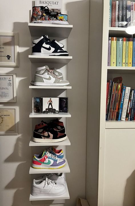 Sneakers Wall, Sneaker Wall, Wall Shoe Rack, Shoe Storage Small Space, Shoe Wall, White Room Decor, Sneakers Collection, Future Apartment Decor, Room Shelves