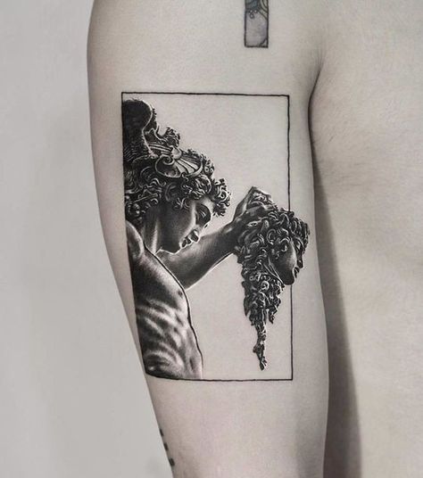 Ridiculously beautiful shading on a Renaissance statue tattoo | www.otziapp.com Sculpture Tattoo, Justice Tattoo, Bodysuit Tattoos, Libra Tattoo, Statue Tattoo, Kunst Tattoos, Greek Mythology Tattoos, Inspiration Tattoos, Mythology Tattoos