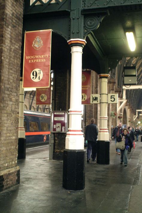 The Fictional Platform 9 3/4 . Kings Cross Station . Where Harry Potter departs for Hogwarts Harry Potter Station 9 3/4, Platform 9 3/4 Aesthetic, Platform 9 3/4, Hogwarts Train Station, Kings Cross Station Harry Potter, Harry Potter Train Station, King Cross Station, Hogwarts Station, Hogwarts Halloween