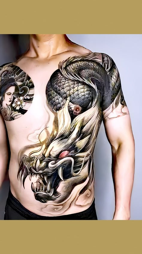 Dragon Tattoo Chest, Japanese Dragon Tattoo, One Piece Wallpaper Iphone, Japanese Tattoo Designs, Japanese Dragon, Illusion Art, Skin Art, Dragon Tattoo, Japanese Tattoo