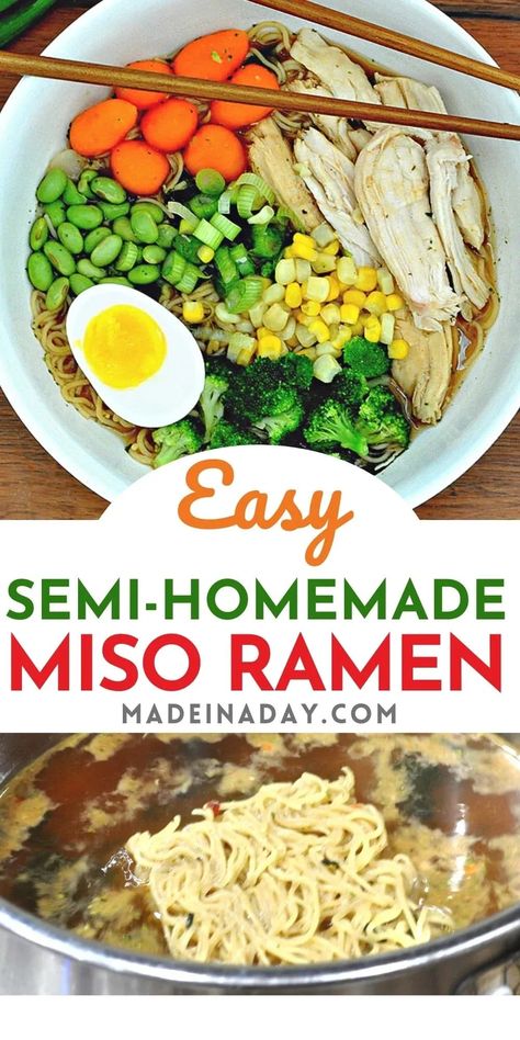 Semi-homemade miso ramen made with premade ingredients. Frozen veggies and tasty ramen noodle mix! This is one weeknight dinner the whole family will love! homemade miso ramen, chicken miso ramen, miso ramen at home Chicken Miso Ramen, Easy Homemade Ramen, Homemade Miso, Ramen At Home, Popular Cocktail Recipes, Ramen Miso, Ramen Chicken, Ramen Dinner, Quick Recipes Easy