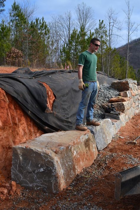 Rock Wall Fencing, Diy Stone Wall, Building A Stone Wall, Railroad Tie, Landscape Ideas Front Yard Curb Appeal, Rock Retaining Wall, Stone Walls Garden, Stone Cabin, Stone Wall Design