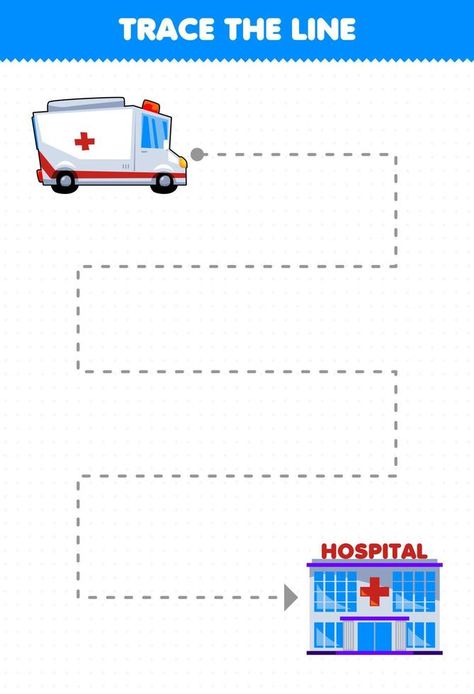 Education game for children handwriting practice trace the lines help transportation ambulance move to hospital Ambulance Activities For Preschool, Hospital Activities For Kids, Ambulance Craft Preschool, Ambulance Craft, Trace The Lines, Pre K Worksheets, Preschool Lesson Plan, Game For Children, Teaching Toddlers