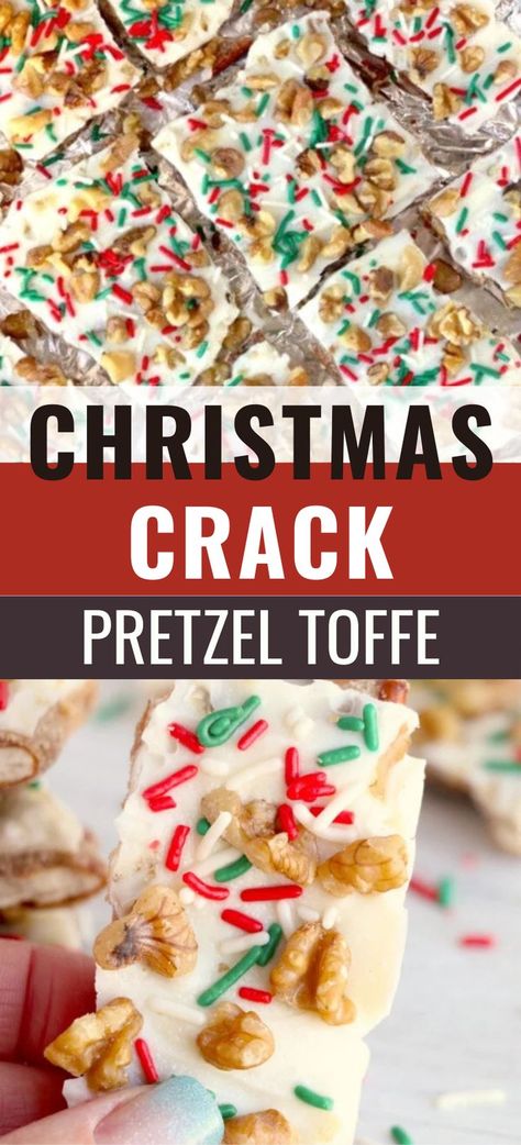 Collage of Christmas crack pretzel toffee at top and bottom. Christmas Cracker Toffee, Homemade Toffee Recipe, Ritz Cracker Toffee, Best Christmas Food, Classic Christmas Cookies, Ritz Cracker Recipes, Easy Turkey Recipes, Pretzel Toffee, Homemade Toffee