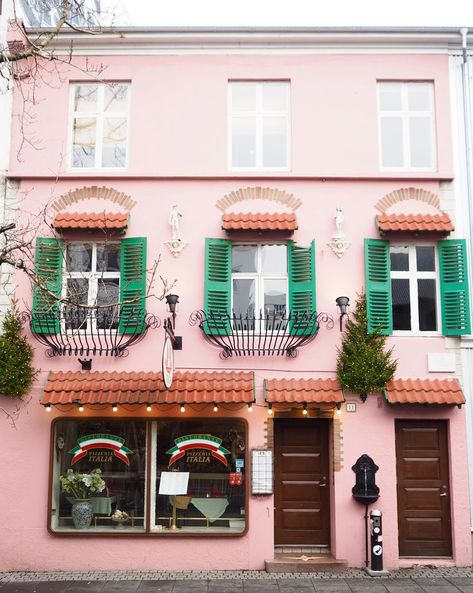 pink house in iceland green shutters. pretty city London. so cute. rainbow houses. pastel homes. dream home. Pink House Exterior, Pretty City, Green Shutters, Rainbow House, Green Windows, Pastel House, Painted Cottage, Holiday Places, Colourful Buildings