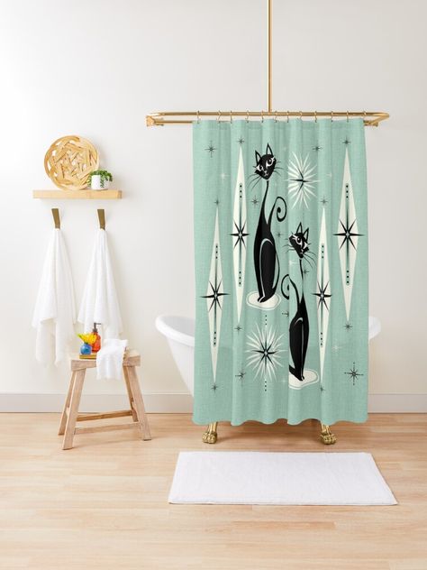 1950s Bathroom Decor, Mid Century Shower Curtain, 1950s Bathroom, Mid Century Curtains, Cat Shower Curtain, Atomic Cat, Vintage Bathroom Decor, Black Shower Curtains, Mint Background