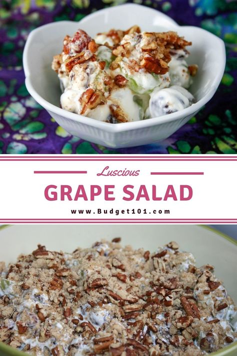 Juicy seedless grapes are folded into creamy sweetened cream cheese blend with just a hint of vanilla then sprinkled with brown sugar and finished with a generous helping of crunchy crushed pecans. #Salad #Dessert #Potluck #Tailgating #Budget101 Dessert Potluck, Pecan Sandies Cookies, Cookie Salad, Grape Salad Recipe, Pecan Sandies, Living Frugal, Side Salads, Grape Nuts, Scratch Recipes