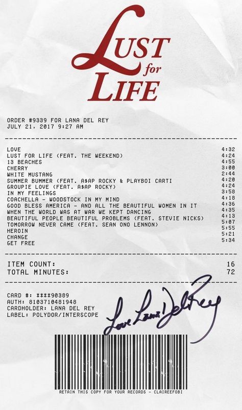 #lanadelrey #albumreceipt Lana Del Rey Tickets, Album Receipt, Lana Del Rey Albums, Lana Del Rey Lyrics, Lust For Life, In My Feelings, Love And Lust, Picture Collage, Room Posters