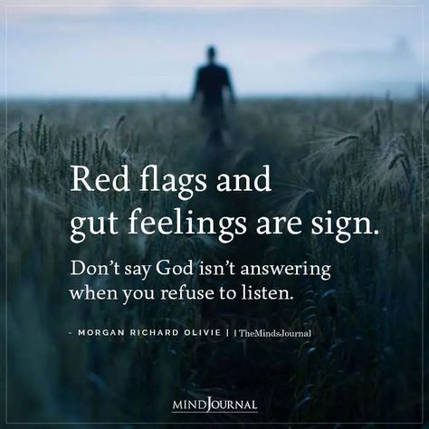 Red flags and gut feelings are sign. Don’t say God isn’t answering when you refuse to listen. - Morgan Richard Olivie #redflags #gutfeelings Gut Feeling Quotes, Red Flag Quotes, Wise Old Sayings, Gut Feelings, Intuition Quotes, Listen To Your Gut, Narcissism Quotes, Best Relationship Advice, Gut Feeling