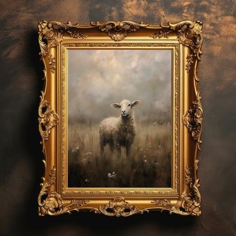 PrintEtherealArt - Etsy Cottagecore Prints, Farm Painting, Wall Decor Antique, Sheep Paintings, Grainy Texture, Moody Decor, Field Landscape, Antique Painting, Antique Oil Painting