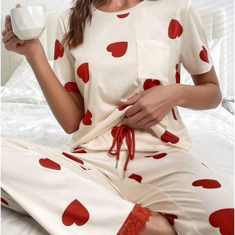 White Valentines Heart Print Lace Hem Tee Pants Pajama Set Lace Heart, How To Hem Pants, Lace Hem, Print Pajamas, Loungewear Set, Pyjama Set, Fine Fabric, Lace Sleeves, Heart Print