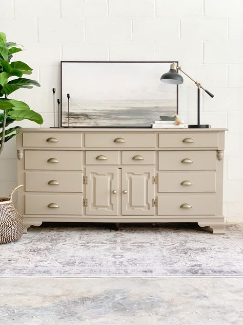 Dust Marvel, Fusion Mineral Paint Algonquin, Refinish Dresser, Beige Dressers, Age Wood, Chest Makeover, Buffet Makeover, Taupe Paint, Nursery Reveal