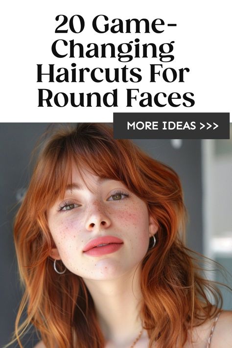 Woman with layered copper-toned hair, bangs, and freckles, exemplifying haircuts for round faces. Medium Hair Styles Round Face, Haircut Ideas For Round Face Medium, Bangs For Round Face Medium Length, Hair Cuts Ideas For Round Face, Short Haircut Round Face, Hair Cuts For Rounder Faces, Bob Round Face, Round Face Short Haircuts, Round Face Bob