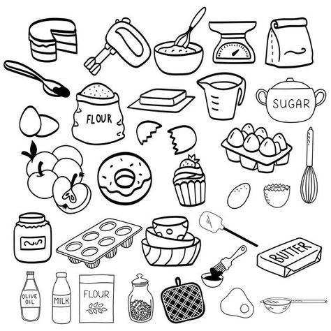 Baking Ingredients Drawing, Baking Drawing Easy, Kitchen Doodle Art, Kitchen Items Drawing, Baking Doodles, Kitchen Doodles, Small Easy Drawings, Kitchen Embroidery Designs, Recipe Book Covers