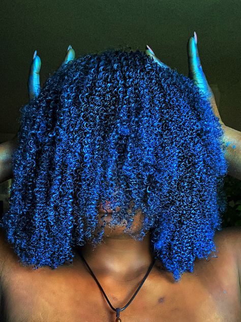 Blue Black 4c Hair, Blue Afro Aesthetic, Blue Afro Hair Black Women, Dyed Curly Hair Ideas Colour Blue, Blue Afro Hair, Dyed Afro, Indigo Hair Color, Coily Hair Care, Blue Natural Hair