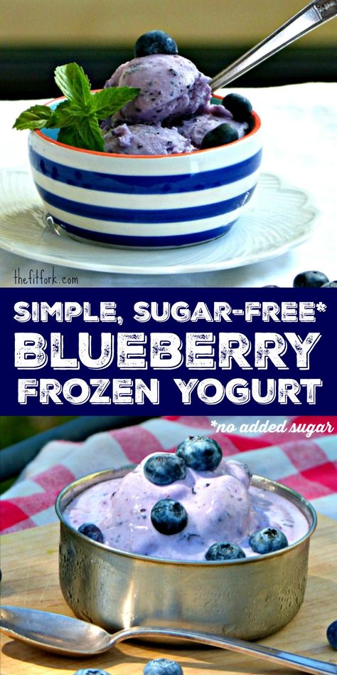 Simple Sugar Free Blueberry Frozen Yogurt -- a healthy treat and option to ice crean that has 57 calories per half-cup serving and 5 grams protein with less than 1g fat and 6g net carb. Blueberry Frozen Yogurt, Frozen Yogurt Blueberries, Berry Desserts, Frozen Greek Yogurt, Frozen Yogurt Recipes, Fro Yo, Sorbet Recipe, Dum Dums, Coctails Recipes